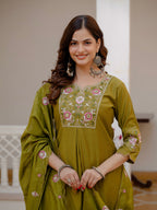 Vedant Vastram Viscose Silk Embroidery & Sequence Work Stitched Salwar Suit Set-Mehandi - Distacart