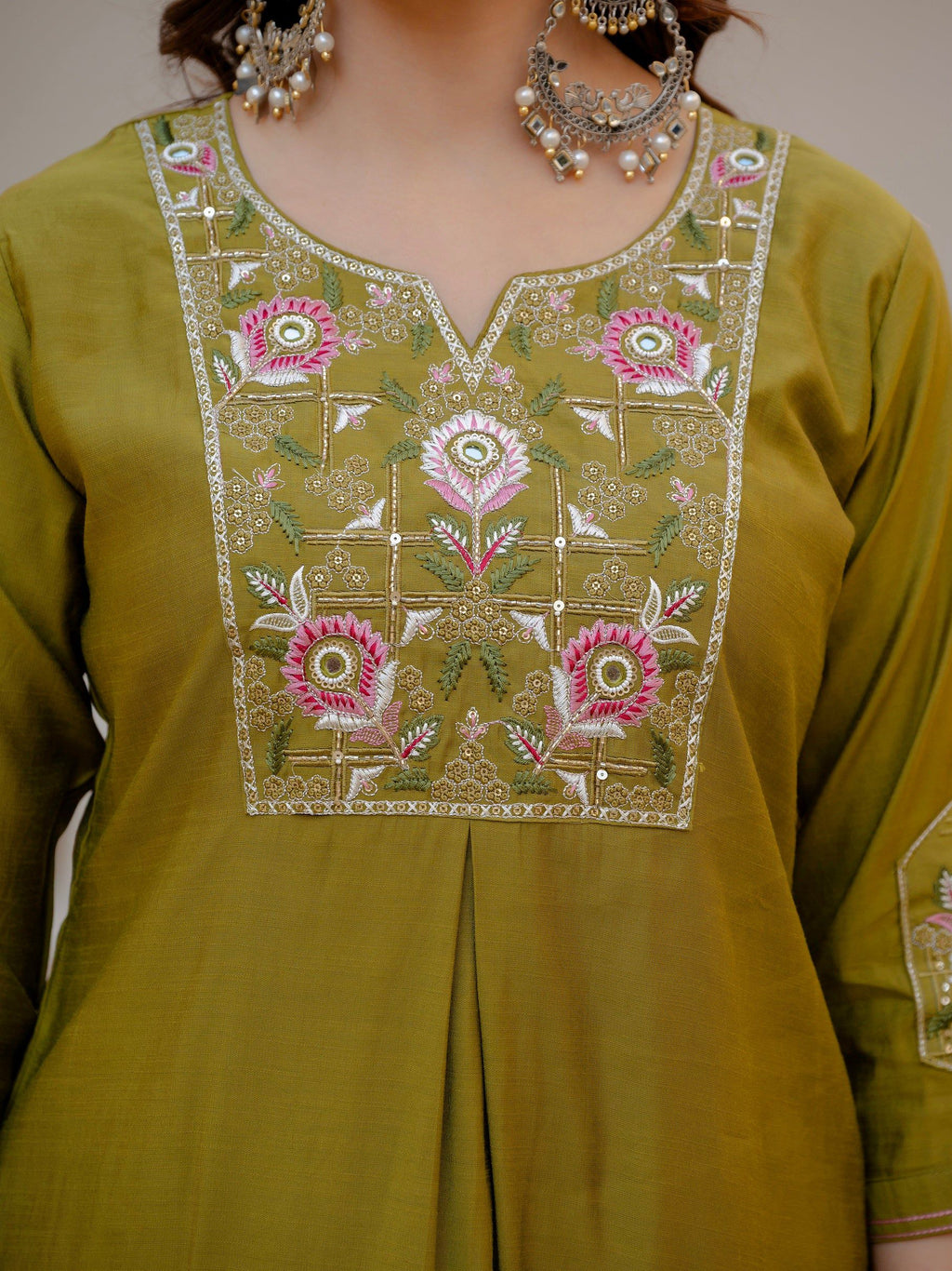 Vedant Vastram Viscose Silk Embroidery & Sequence Work Stitched Salwar Suit Set-Mehandi - Distacart