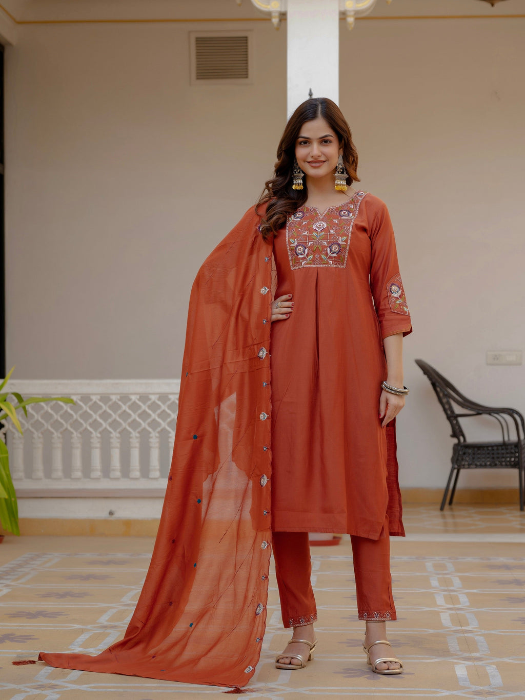 Vedant Vastram Viscose Silk Embroidery & Sequence Work Stitched Salwar Suit Set-Rust - Distacart
