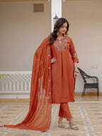 Vedant Vastram Viscose Silk Embroidery & Sequence Work Stitched Salwar Suit Set-Rust - Distacart