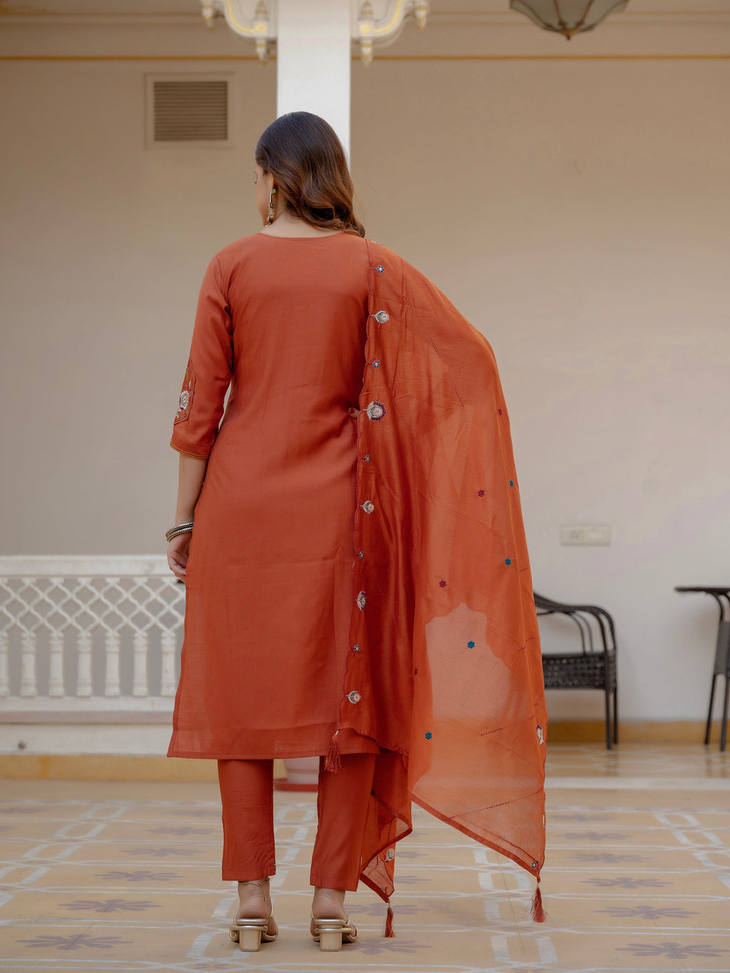 Vedant Vastram Viscose Silk Embroidery & Sequence Work Stitched Salwar Suit Set-Rust - Distacart