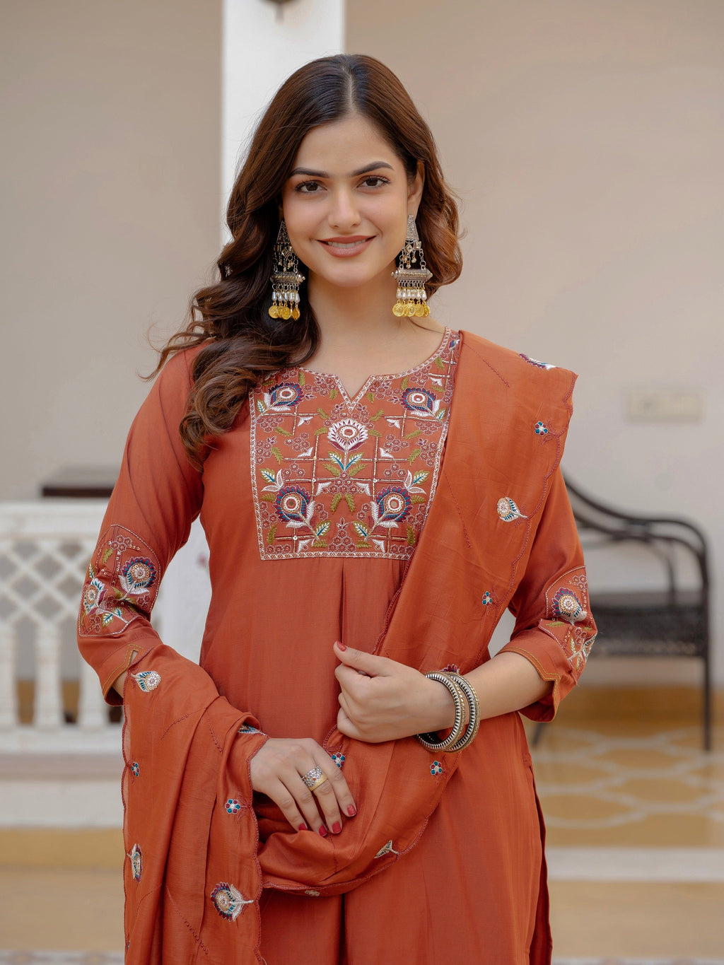 Vedant Vastram Viscose Silk Embroidery & Sequence Work Stitched Salwar Suit Set-Rust - Distacart