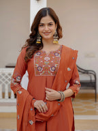 Vedant Vastram Viscose Silk Embroidery & Sequence Work Stitched Salwar Suit Set-Rust - Distacart