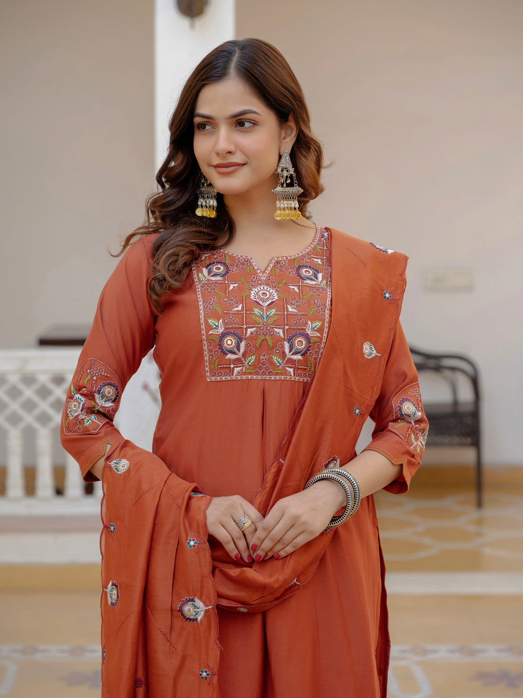 Vedant Vastram Viscose Silk Embroidery & Sequence Work Stitched Salwar Suit Set-Rust - Distacart