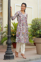 Vaasva Women Cream Printed Kurta Set With Solid Pants