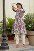 Vaasva Women Cream Printed Kurta Set With Solid Pants