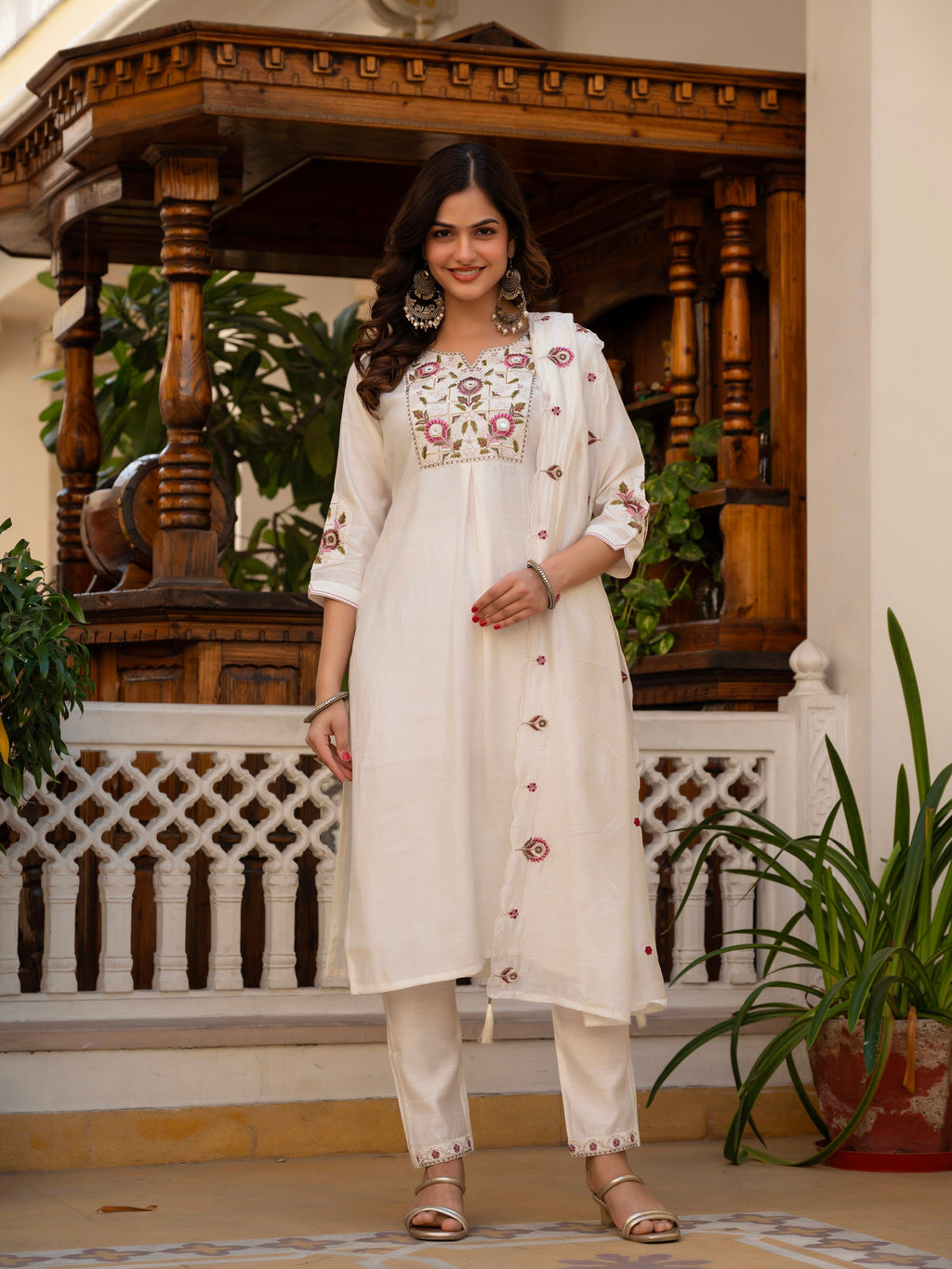 Vedant Vastram Viscose Silk Embroidery & Sequence Work Stitched Salwar Suit Set-White - Distacart