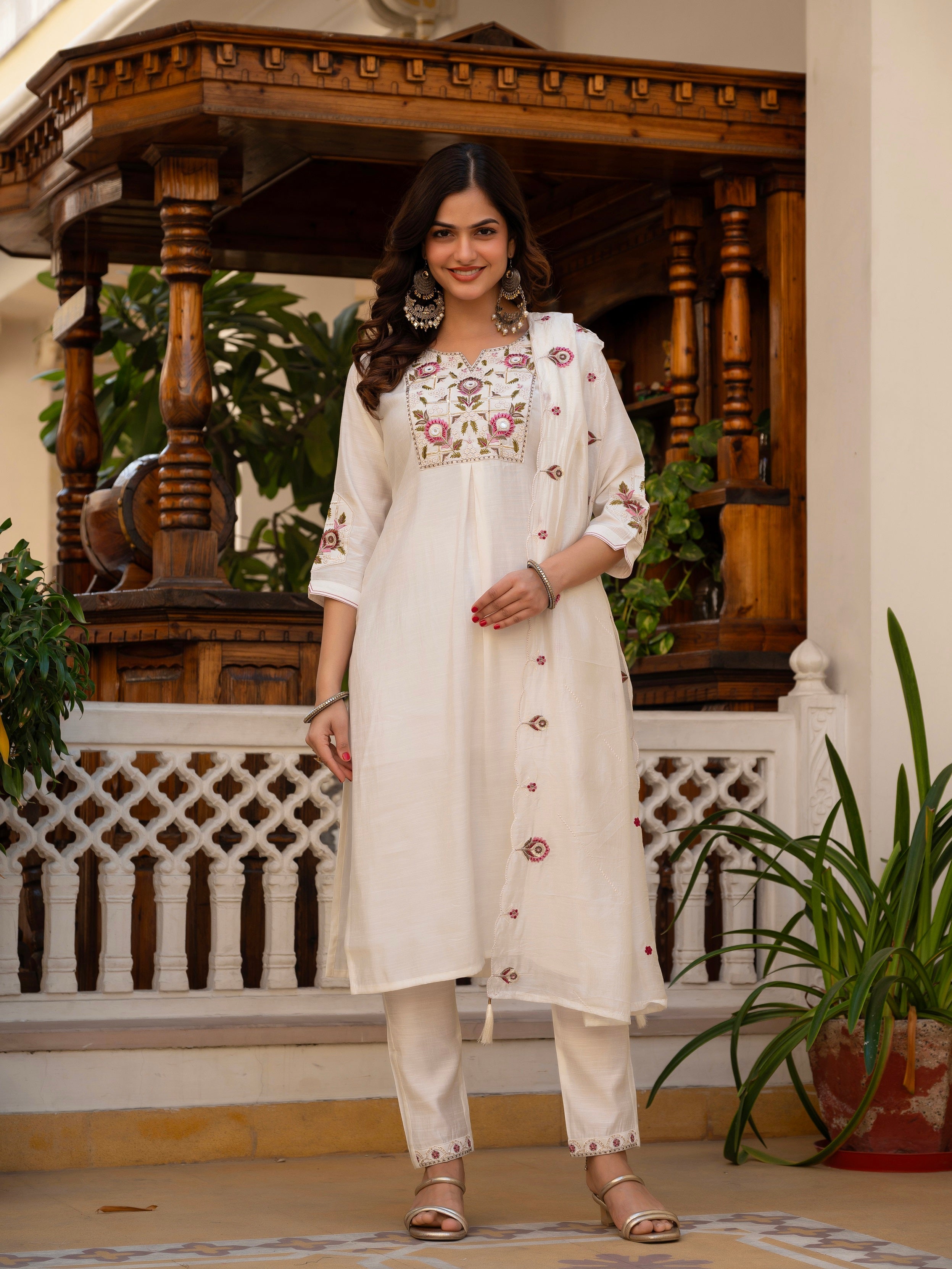 Vedant Vastram Viscose Silk Embroidery & Sequence Work Stitched Salwar Suit Set-White - Distacart