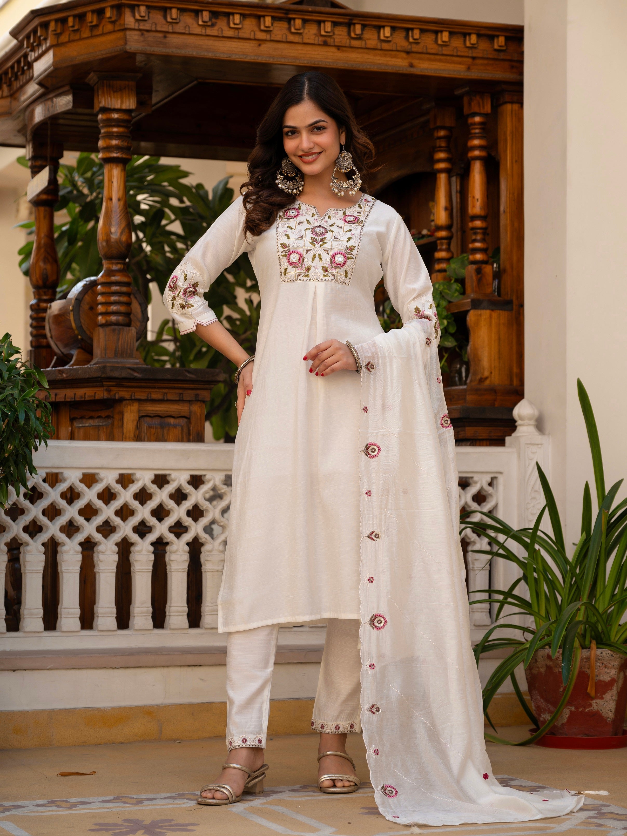 Vedant Vastram Viscose Silk Embroidery & Sequence Work Stitched Salwar Suit Set-White - Distacart
