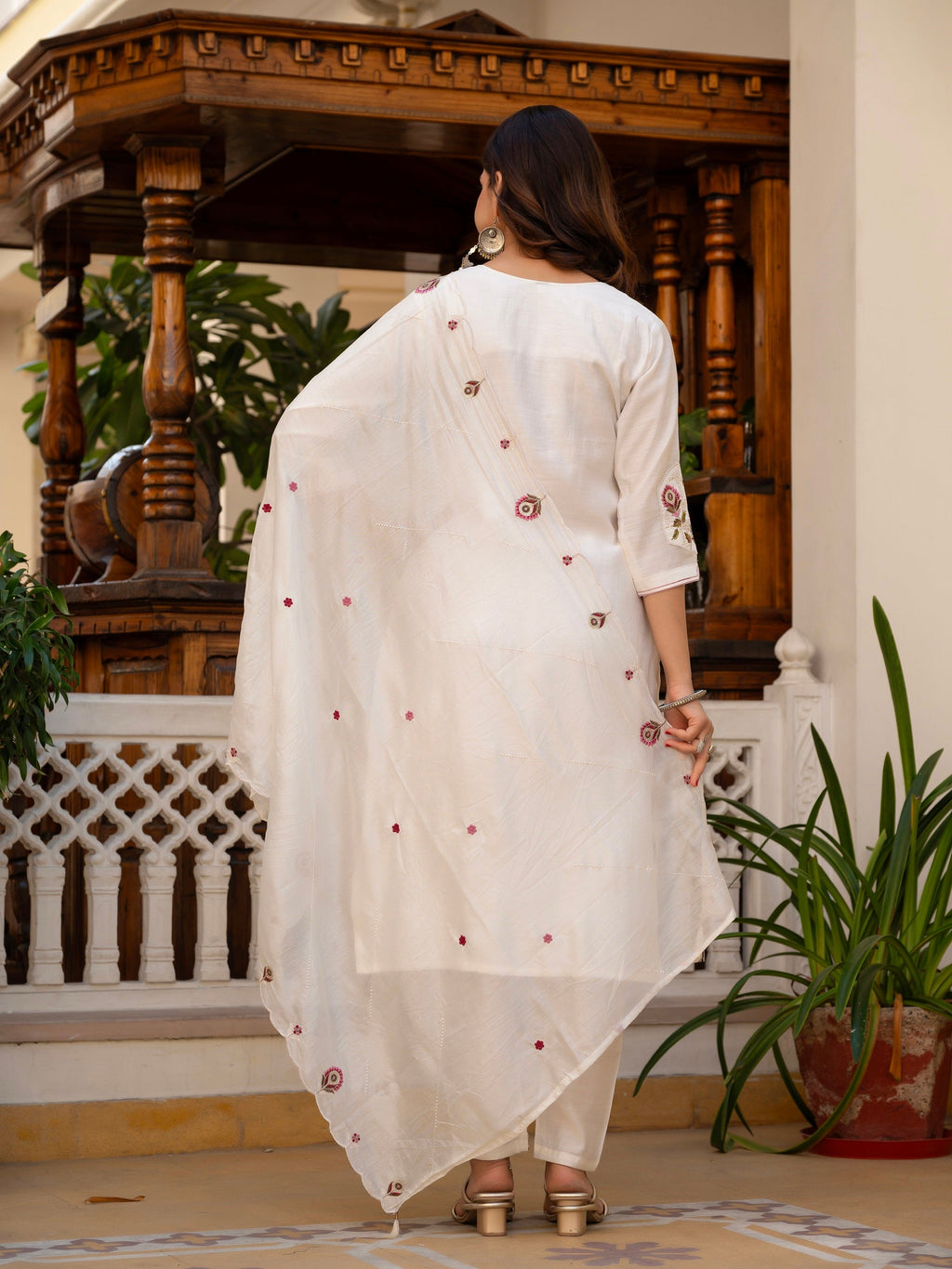 Vedant Vastram Viscose Silk Embroidery & Sequence Work Stitched Salwar Suit Set-White - Distacart