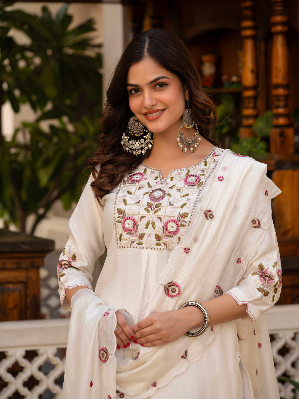 Vedant Vastram Viscose Silk Embroidery & Sequence Work Stitched Salwar Suit Set-White - Distacart
