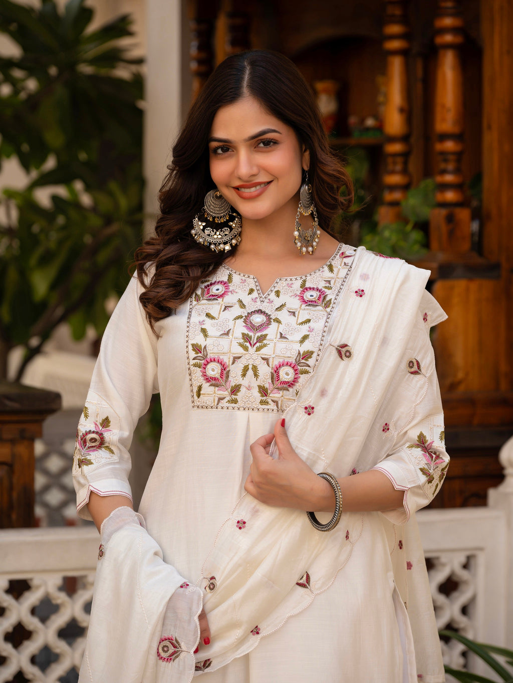 Vedant Vastram Viscose Silk Embroidery & Sequence Work Stitched Salwar Suit Set-White - Distacart
