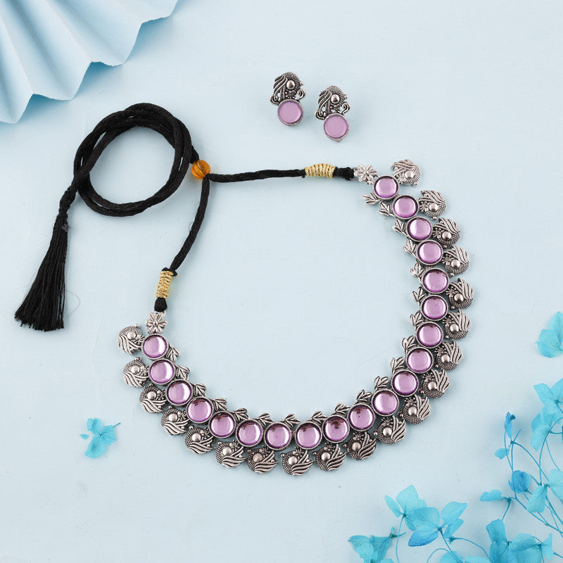 Tehzeeb Creations Silver Plated Lavender Colour Stone Jewellery Choker Necklace Set With Matching Pair of Stud Earrings