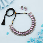 Tehzeeb Creations Silver Plated Lavender Colour Stone Jewellery Choker Necklace Set With Matching Pair of Stud Earrings