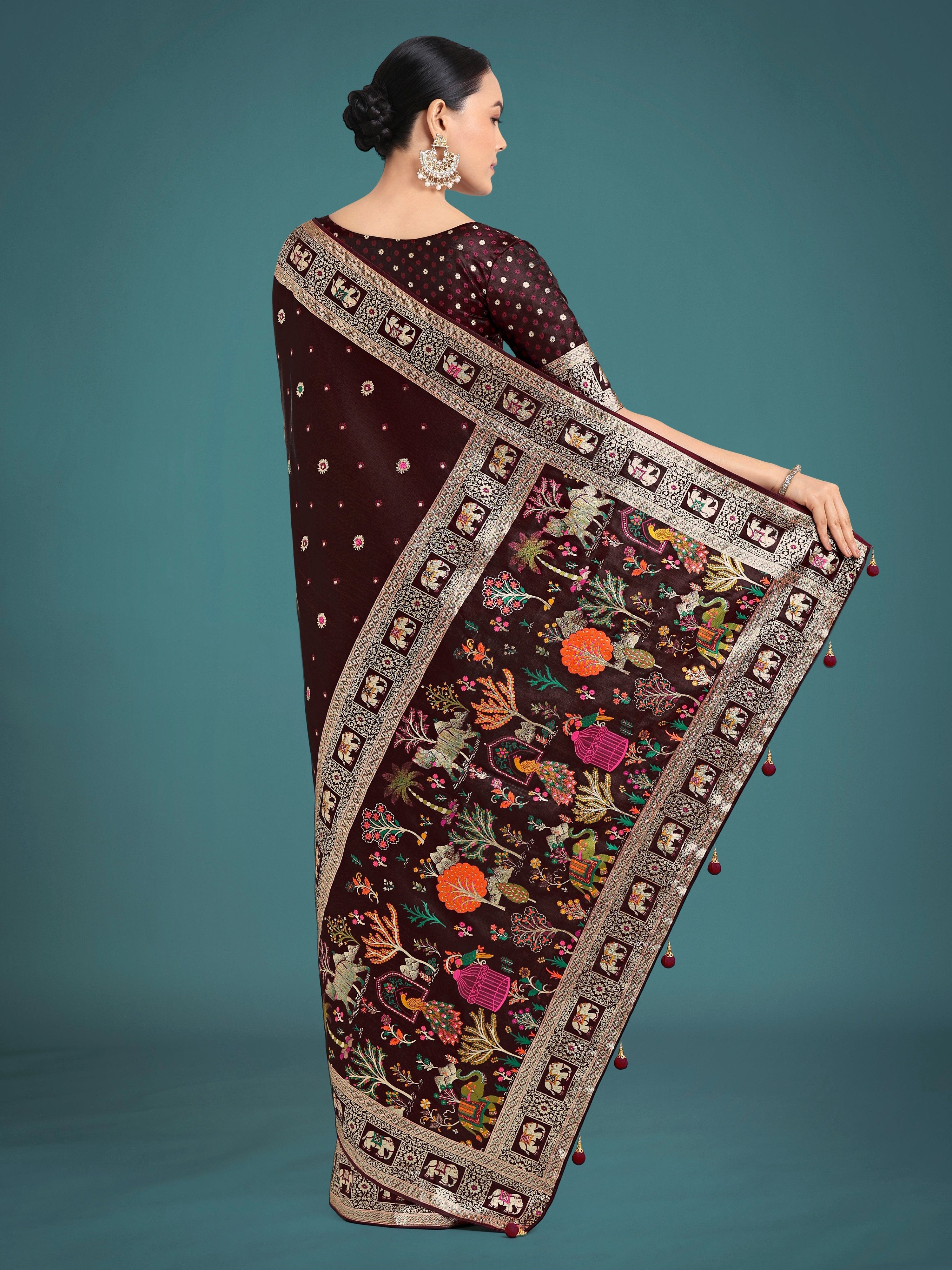 Monjolika Fashion Gorgeous Maroon Woven Banarasi Designer Satin Silk Saree