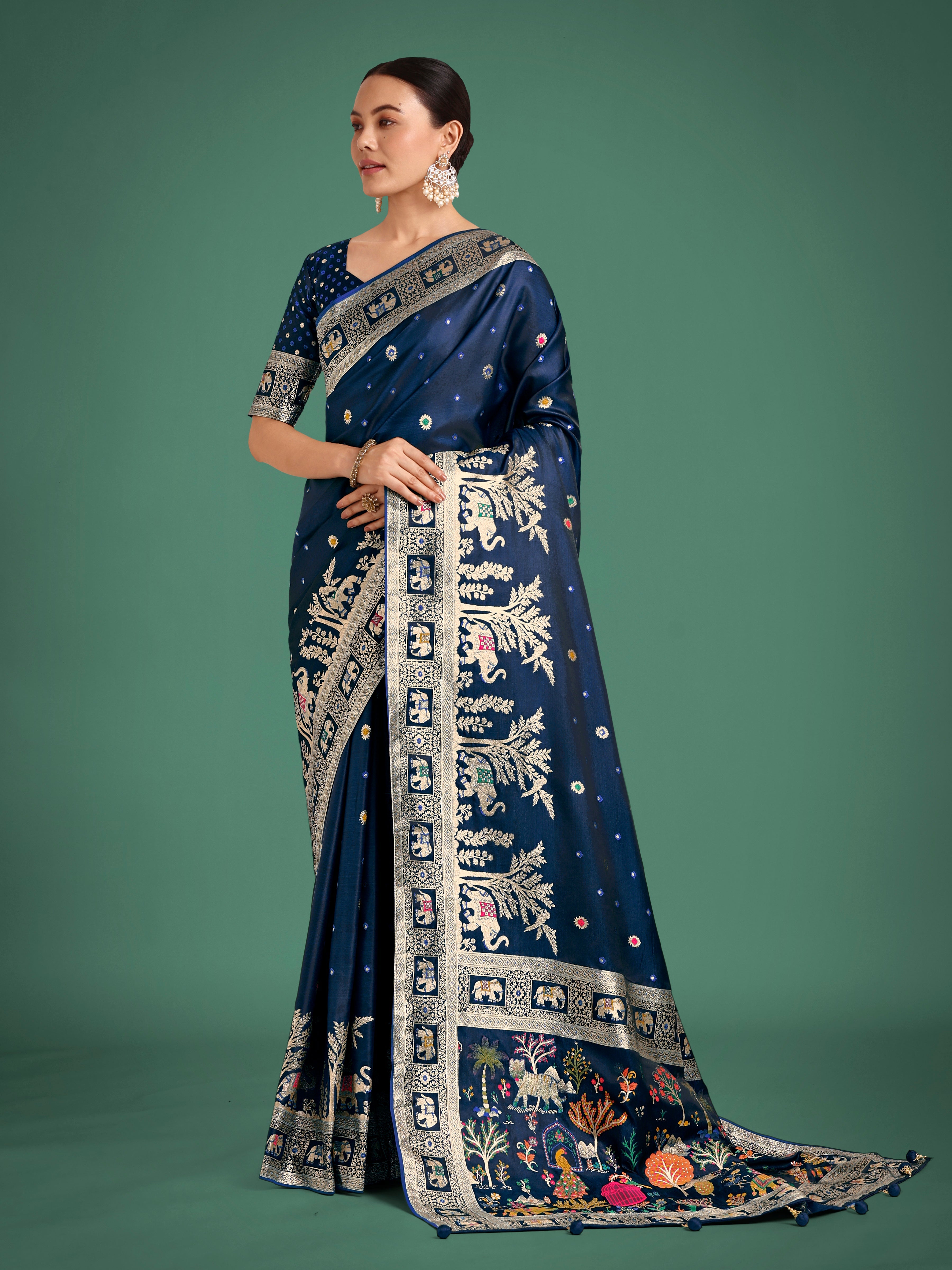 Monjolika Fashion Gorgeous Blue Woven Banarasi Designer Satin Silk Saree - Distacart