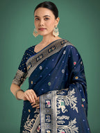 Monjolika Fashion Gorgeous Blue Woven Banarasi Designer Satin Silk Saree - Distacart