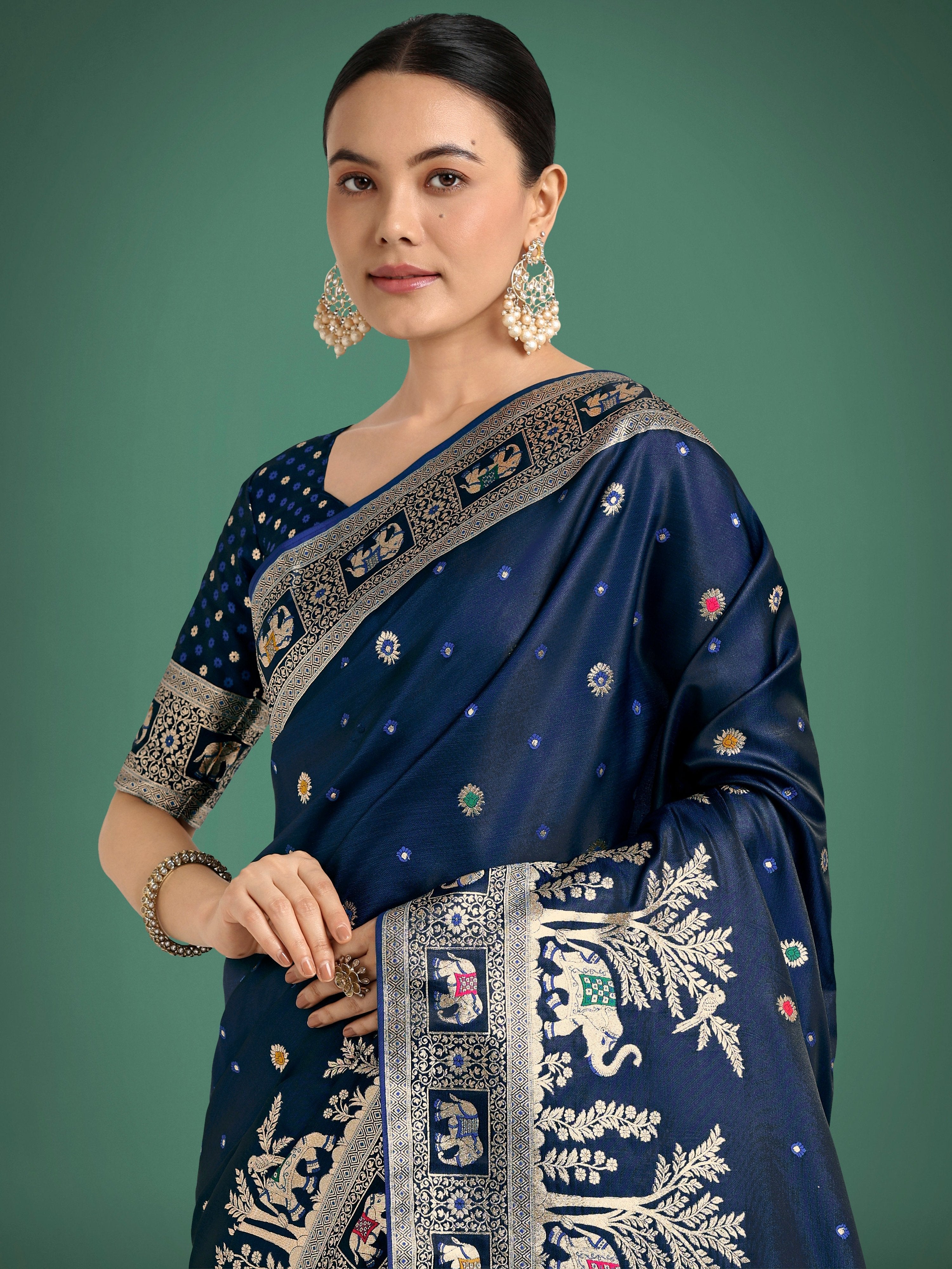 Monjolika Fashion Gorgeous Blue Woven Banarasi Designer Satin Silk Saree - Distacart