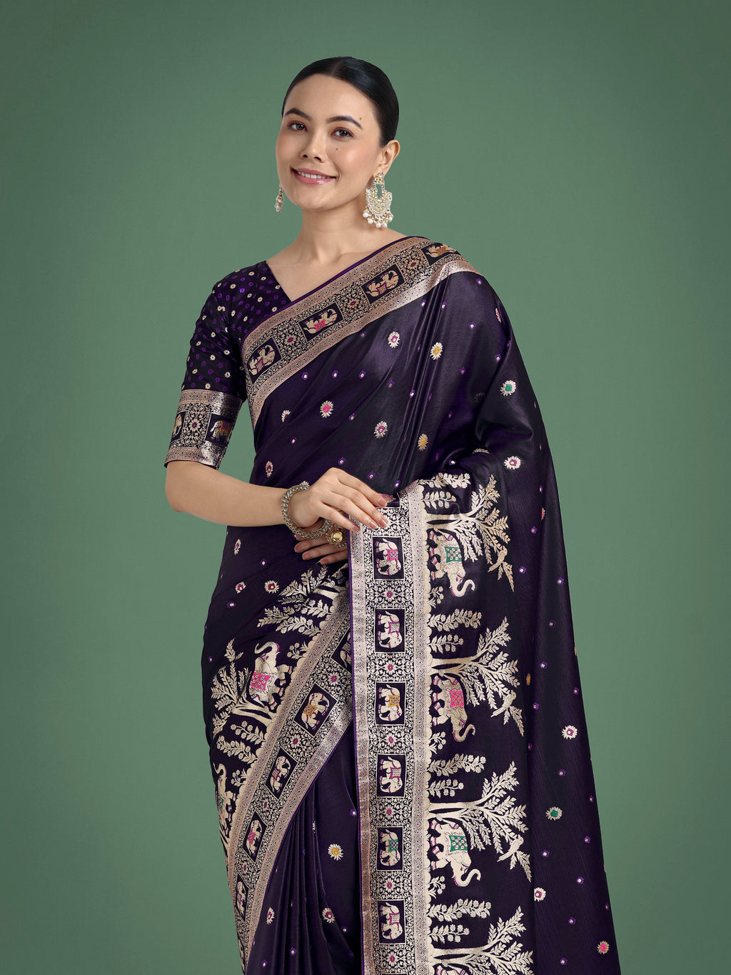 Monjolika Fashion Gorgeous Purple Woven Banarasi Designer Satin Silk Saree