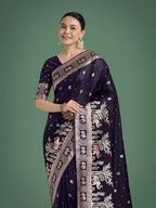 Monjolika Fashion Gorgeous Purple Woven Banarasi Designer Satin Silk Saree