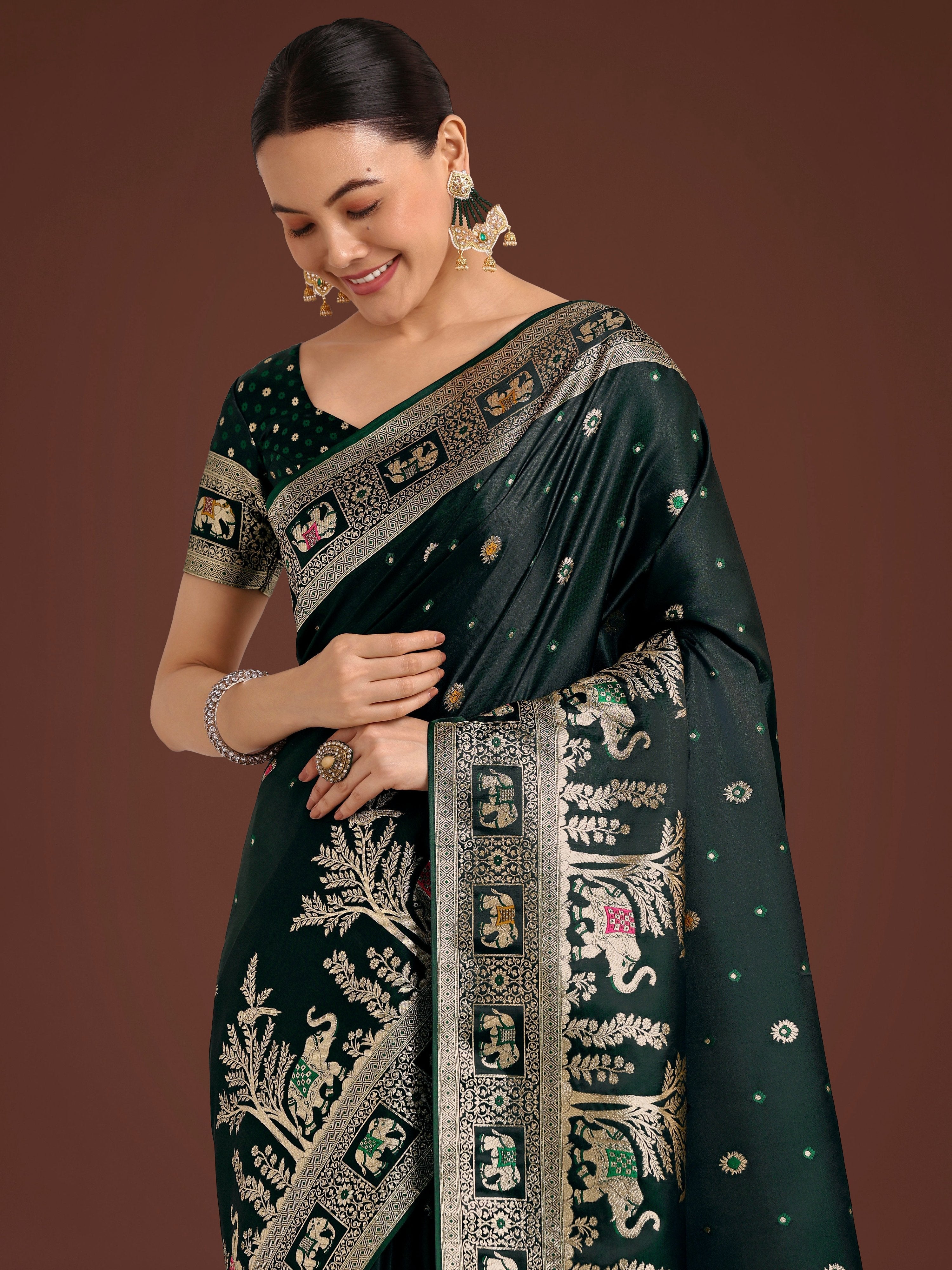 Monjolika Fashion Gorgeous Dark Green Woven Banarasi Designer Satin Silk Saree - Distacart