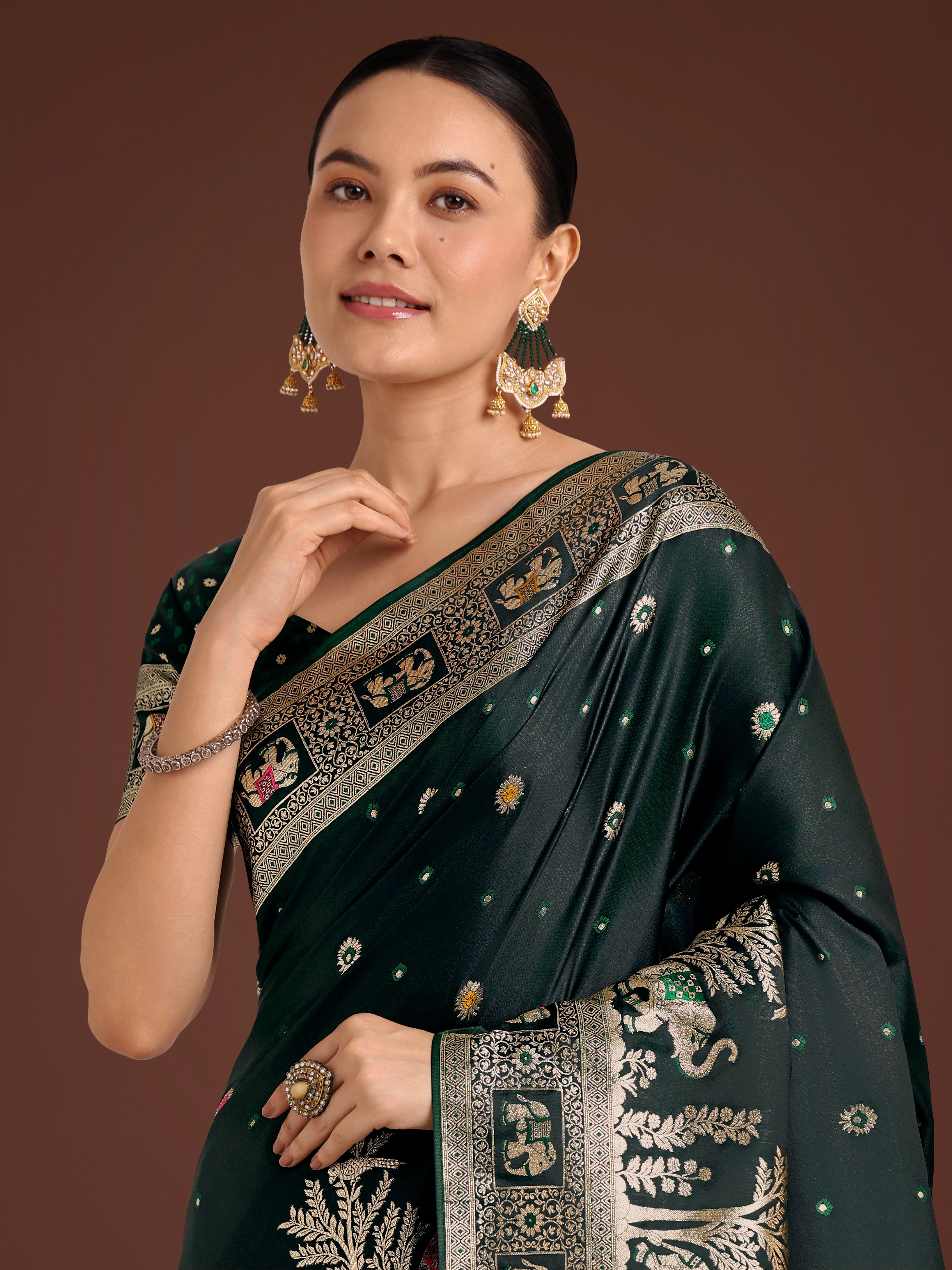 Monjolika Fashion Gorgeous Dark Green Woven Banarasi Designer Satin Silk Saree - Distacart