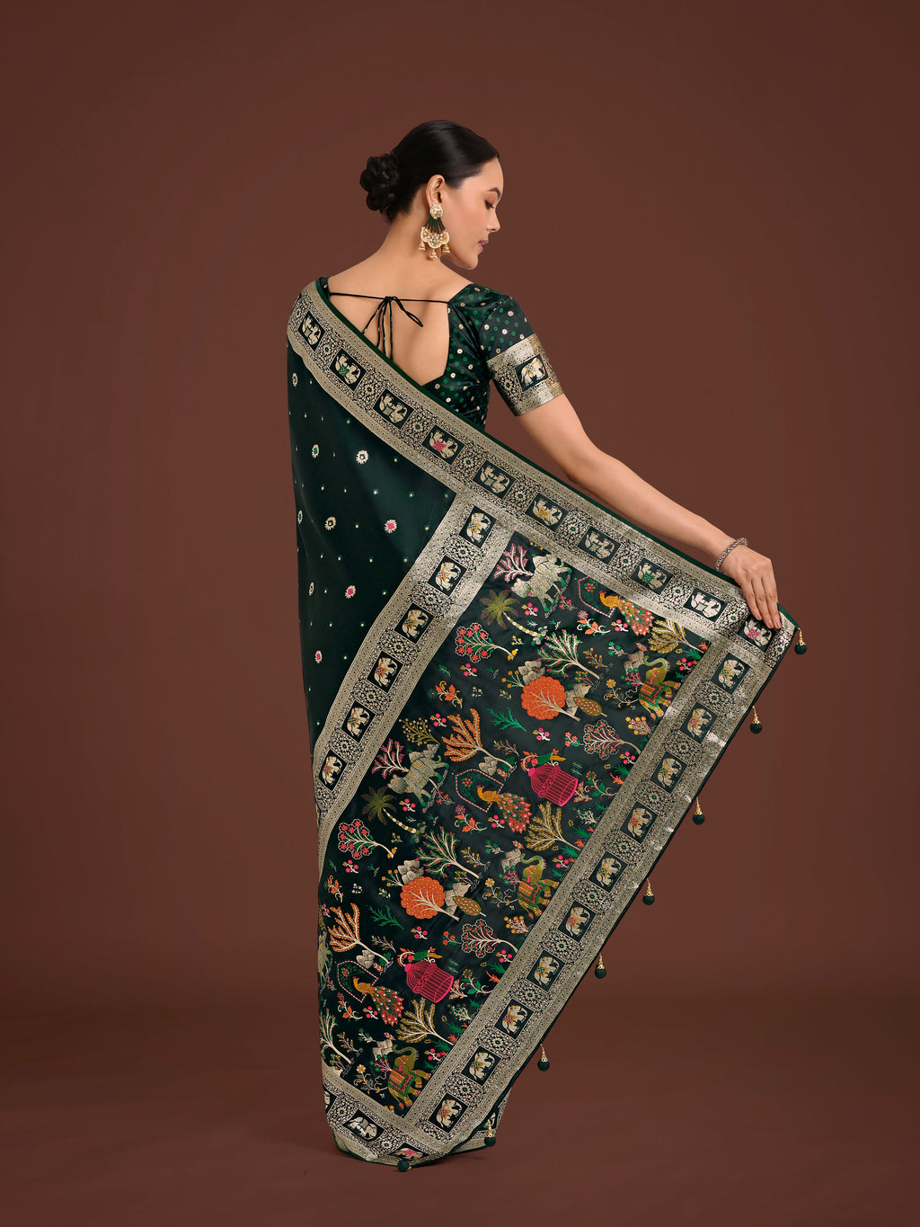 Monjolika Fashion Gorgeous Dark Green Woven Banarasi Designer Satin Silk Saree - Distacart