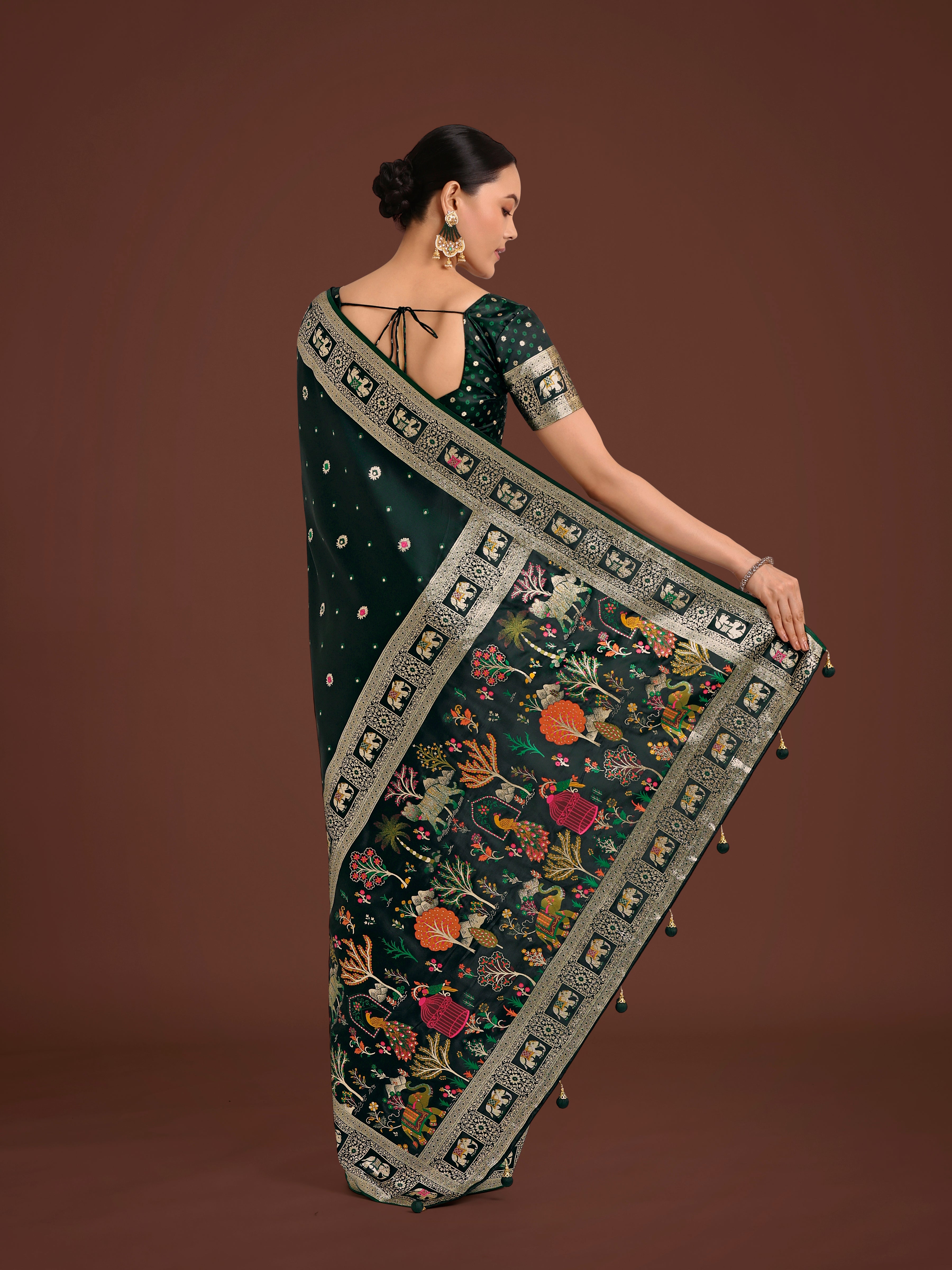 Monjolika Fashion Gorgeous Dark Green Woven Banarasi Designer Satin Silk Saree - Distacart