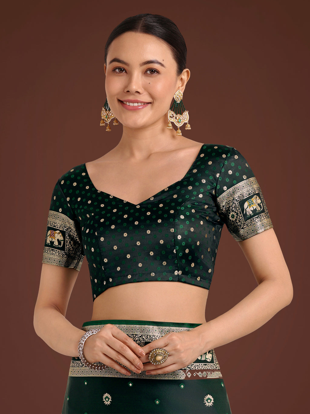 Monjolika Fashion Gorgeous Dark Green Woven Banarasi Designer Satin Silk Saree - Distacart