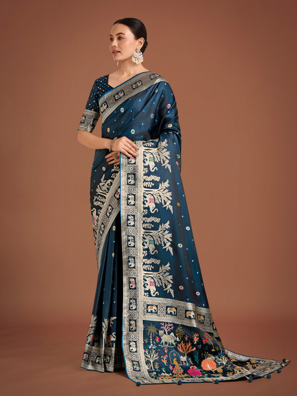 Monjolika Fashion Gorgeous Dark Teal Woven Banarasi Designer Satin Silk Saree - Distacart