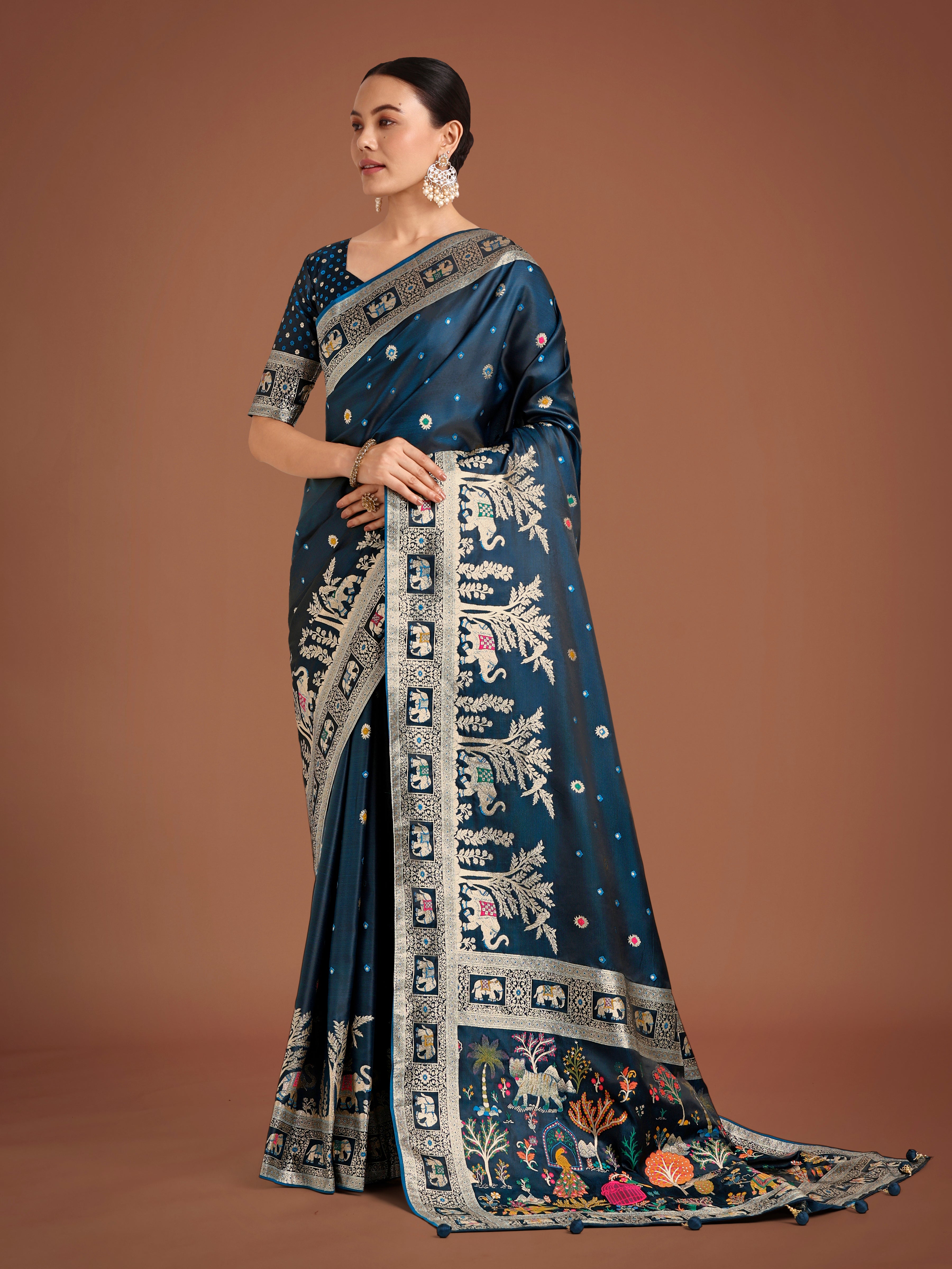 Monjolika Fashion Gorgeous Dark Teal Woven Banarasi Designer Satin Silk Saree - Distacart