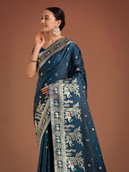 Monjolika Fashion Gorgeous Dark Teal Woven Banarasi Designer Satin Silk Saree - Distacart