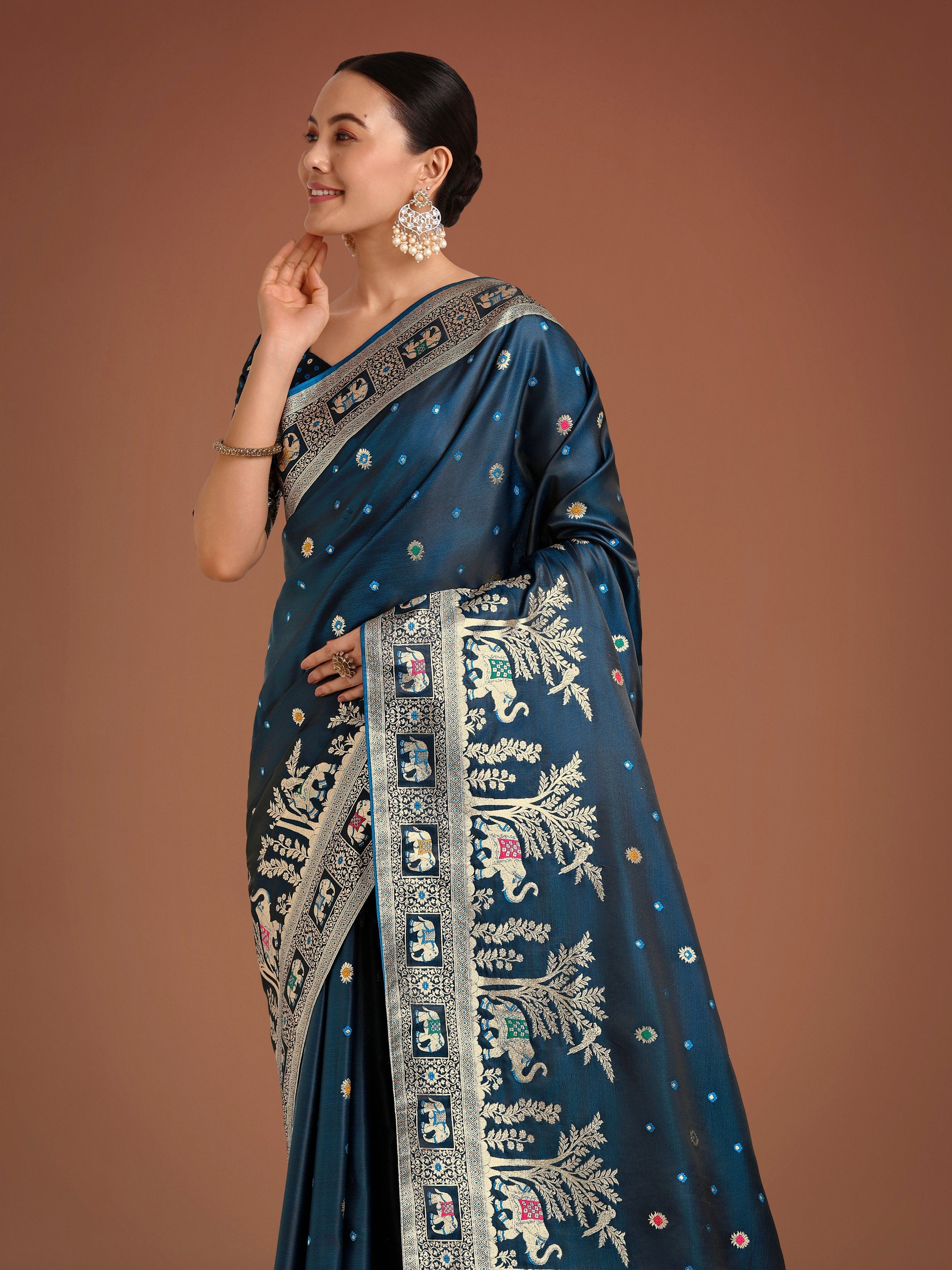 Monjolika Fashion Gorgeous Dark Teal Woven Banarasi Designer Satin Silk Saree - Distacart