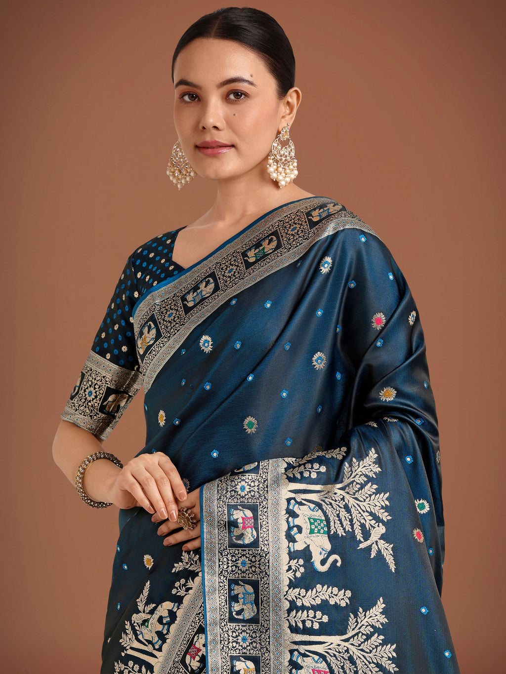 Monjolika Fashion Gorgeous Dark Teal Woven Banarasi Designer Satin Silk Saree - Distacart