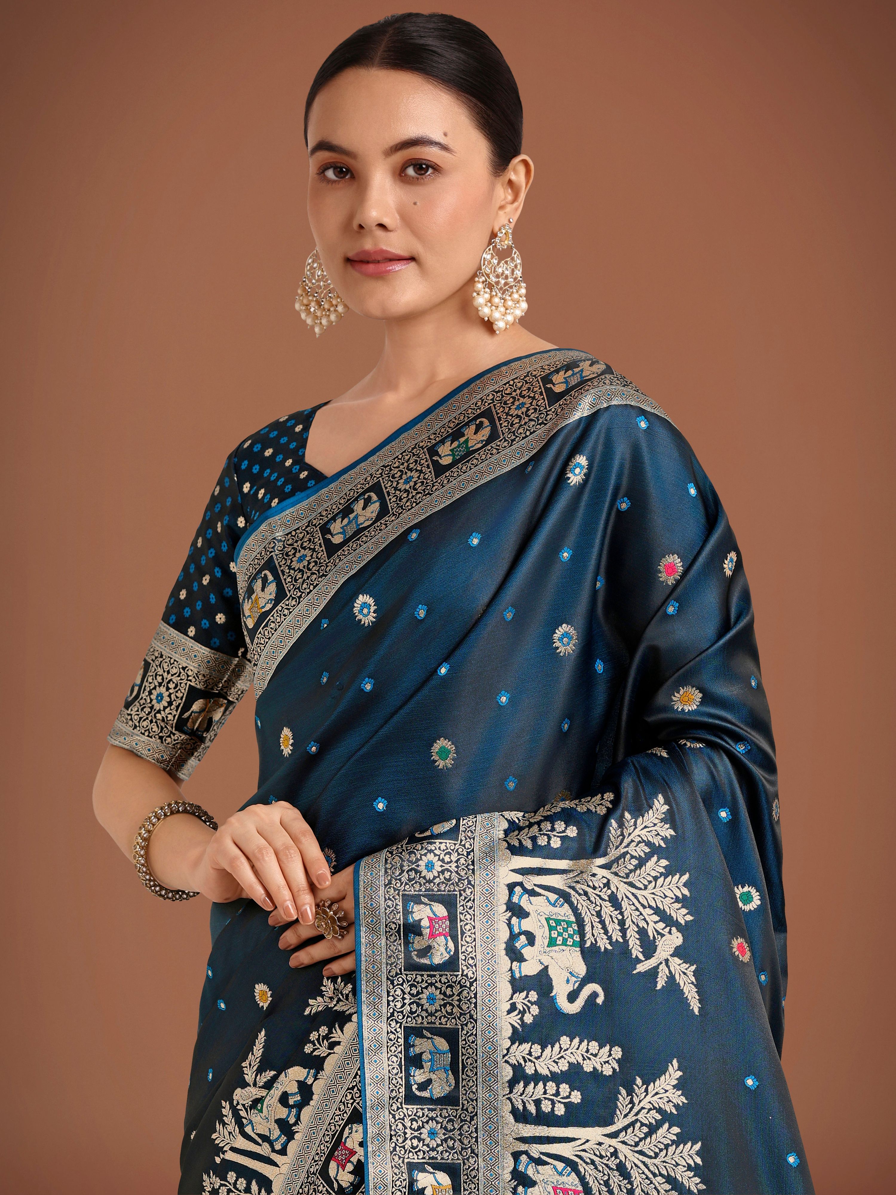 Monjolika Fashion Gorgeous Dark Teal Woven Banarasi Designer Satin Silk Saree - Distacart