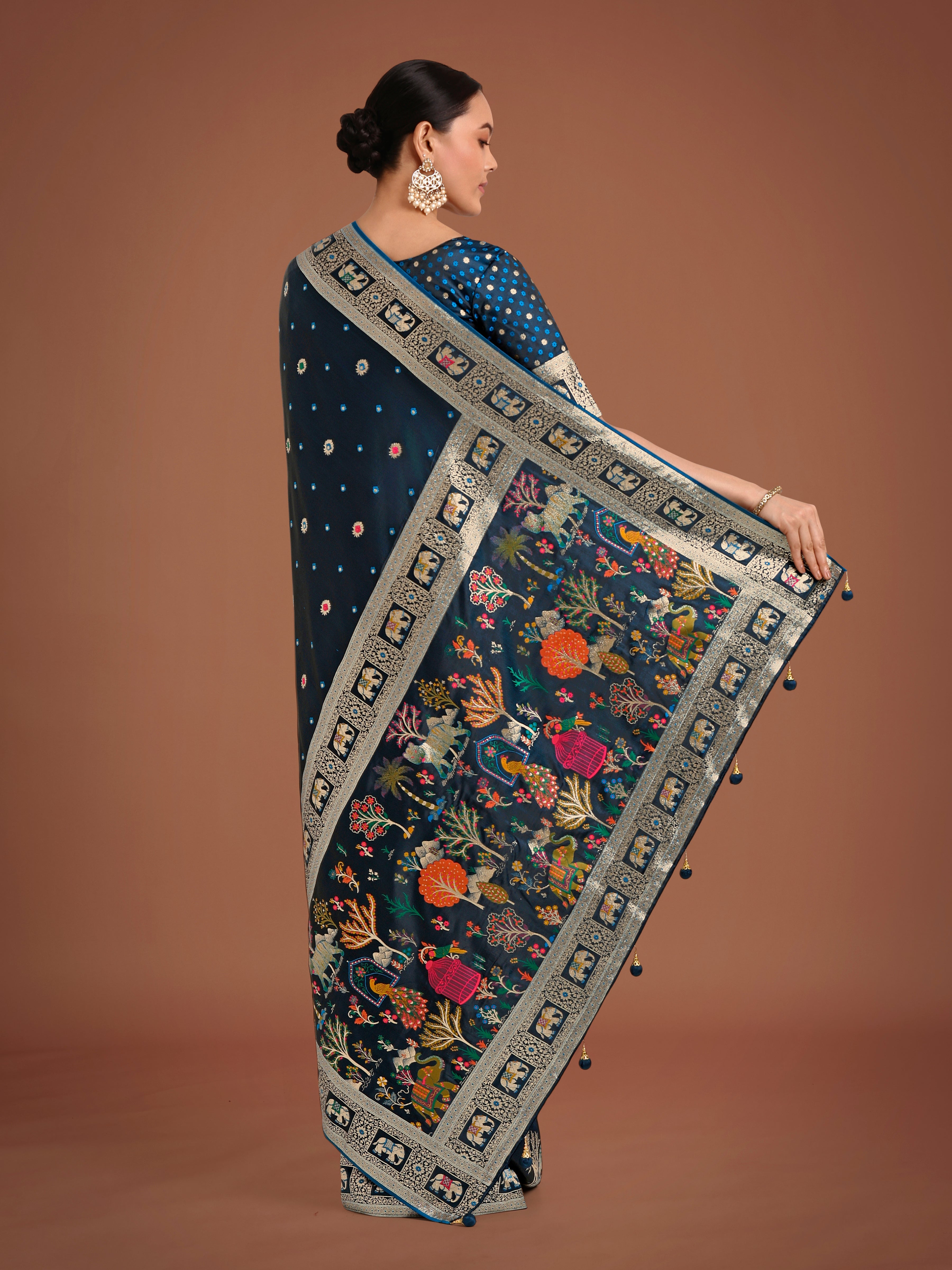 Monjolika Fashion Gorgeous Dark Teal Woven Banarasi Designer Satin Silk Saree - Distacart