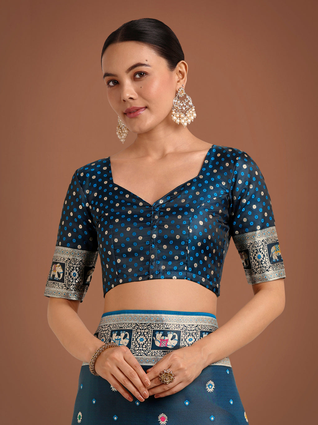 Monjolika Fashion Gorgeous Dark Teal Woven Banarasi Designer Satin Silk Saree - Distacart