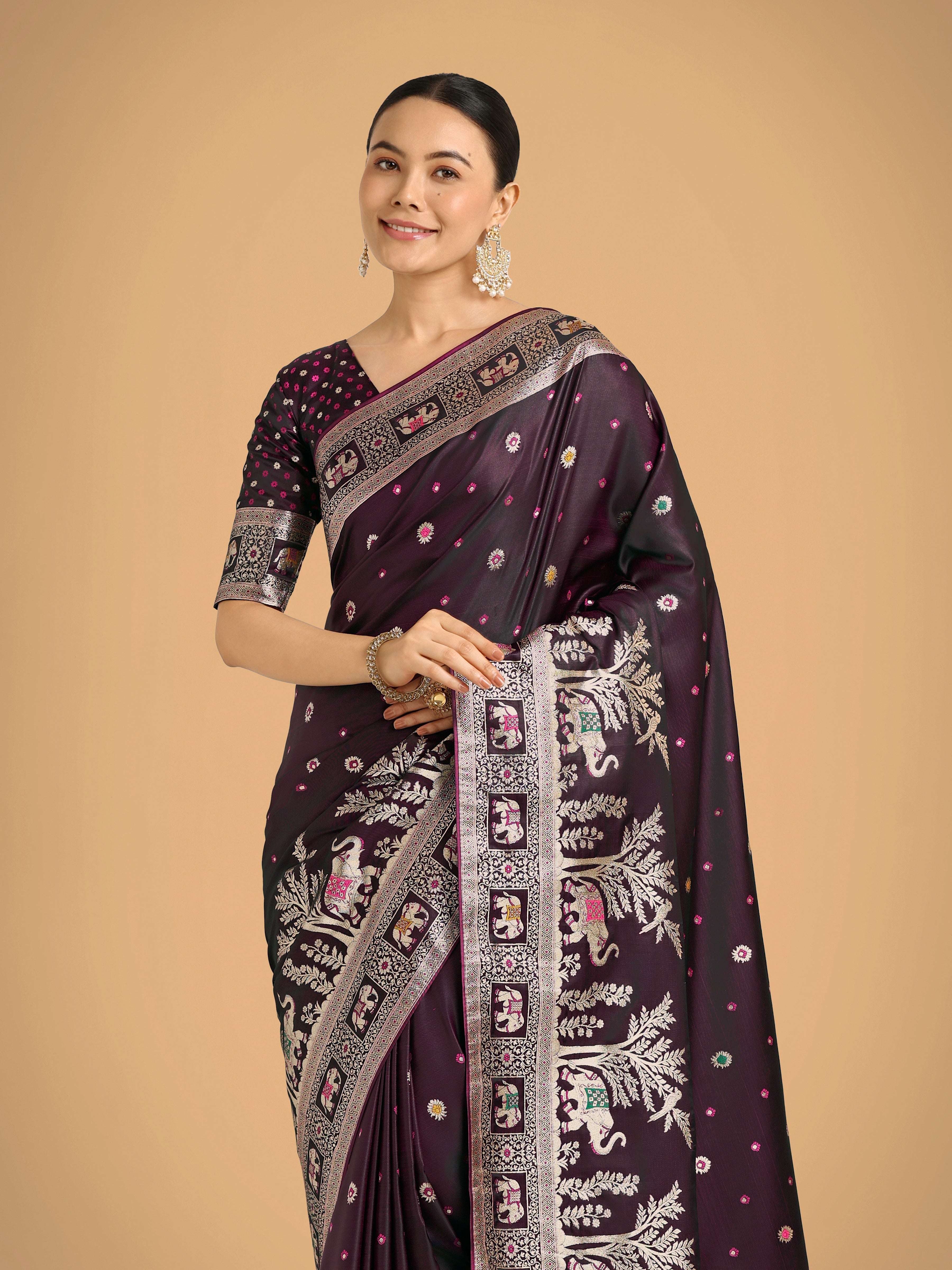 Monjolika Fashion Gorgeous Wine Woven Banarasi Designer Satin Silk Saree - Distacart