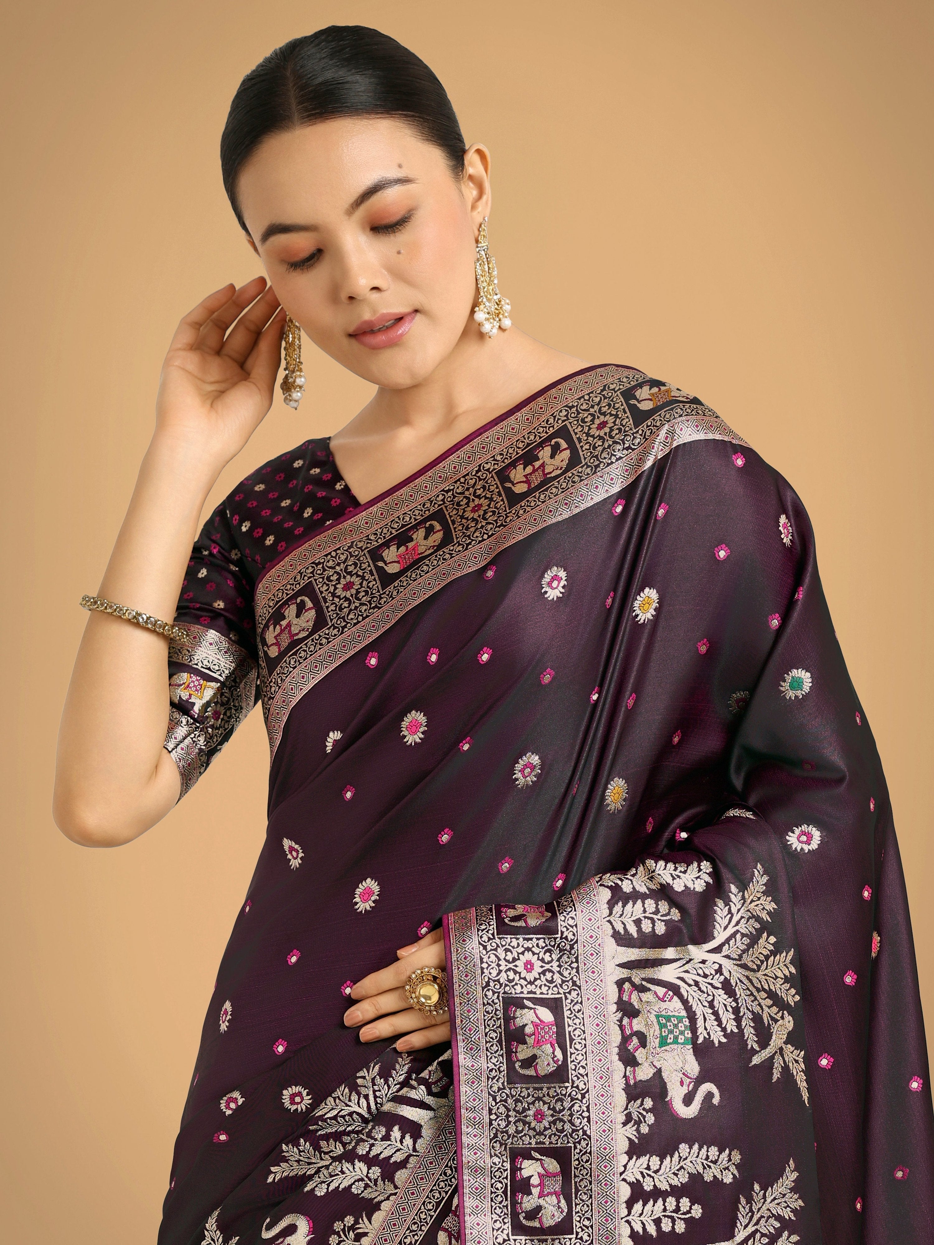 Monjolika Fashion Gorgeous Wine Woven Banarasi Designer Satin Silk Saree - Distacart
