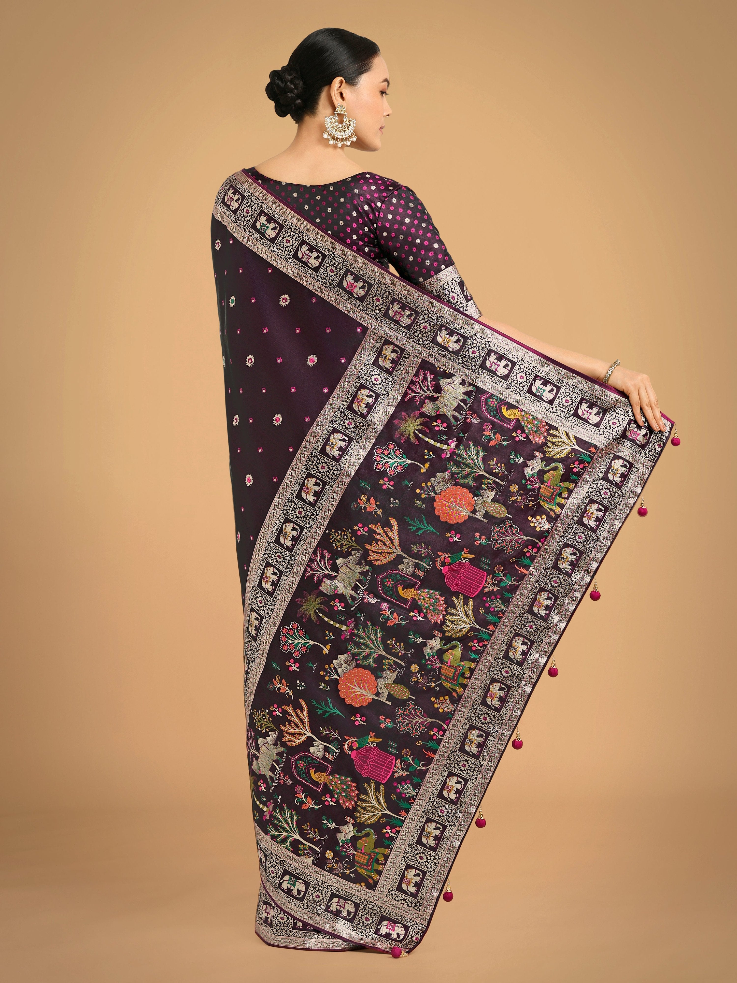 Monjolika Fashion Gorgeous Wine Woven Banarasi Designer Satin Silk Saree - Distacart