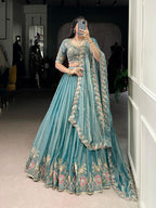 Lorenvalley Fashion Skyblue Zari Shimmer Sequins and Thread Embroidery Work Lehenga Choli with Dupatta - Distacart
