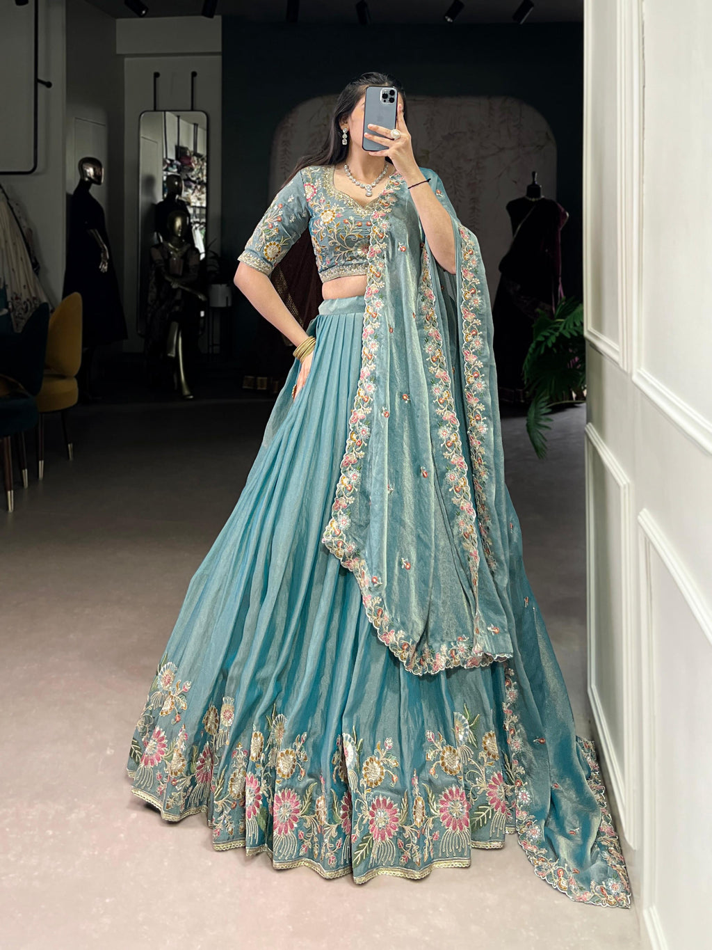 Lorenvalley Fashion Skyblue Zari Shimmer Sequins and Thread Embroidery Work Lehenga Choli with Dupatta - Distacart