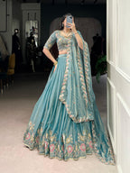 Lorenvalley Fashion Skyblue Zari Shimmer Sequins and Thread Embroidery Work Lehenga Choli with Dupatta - Distacart