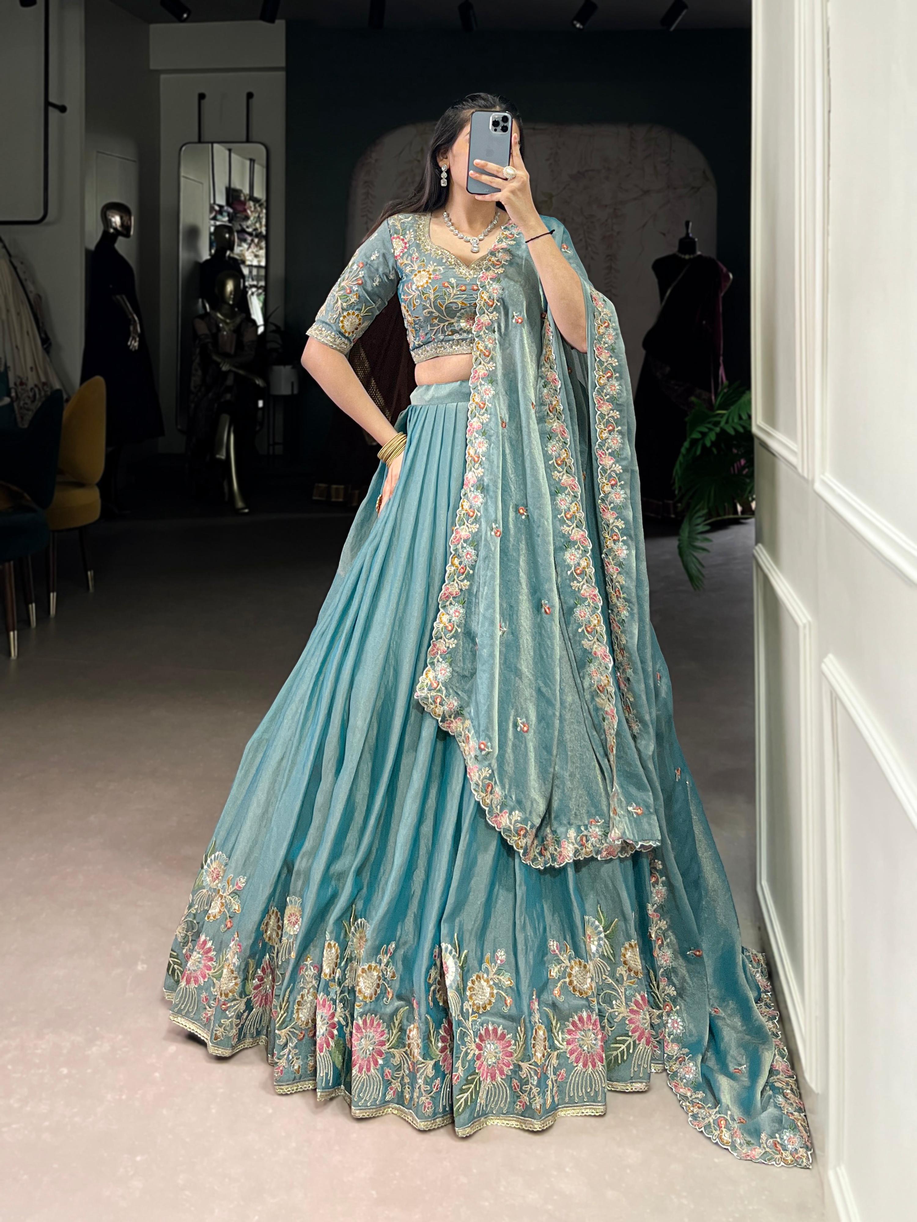 Lorenvalley Fashion Skyblue Zari Shimmer Sequins and Thread Embroidery Work Lehenga Choli with Dupatta - Distacart