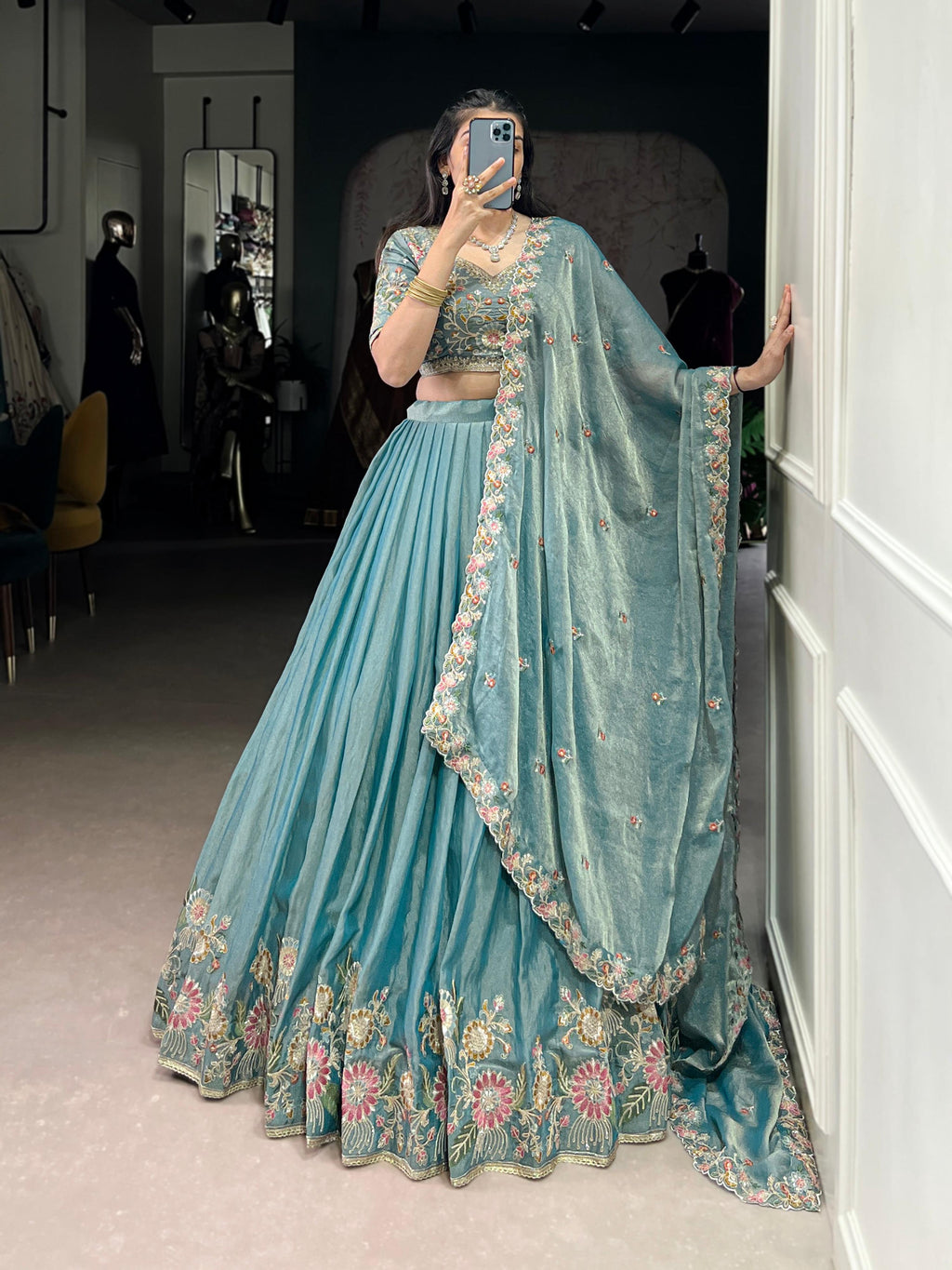 Lorenvalley Fashion Skyblue Zari Shimmer Sequins and Thread Embroidery Work Lehenga Choli with Dupatta - Distacart