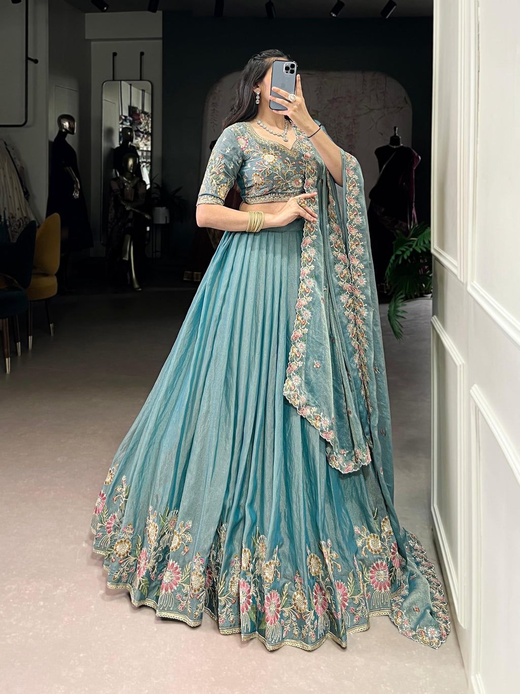 Lorenvalley Fashion Skyblue Zari Shimmer Sequins and Thread Embroidery Work Lehenga Choli with Dupatta - Distacart
