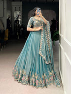 Lorenvalley Fashion Skyblue Zari Shimmer Sequins and Thread Embroidery Work Lehenga Choli with Dupatta - Distacart