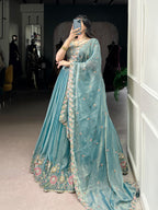Lorenvalley Fashion Skyblue Zari Shimmer Sequins and Thread Embroidery Work Lehenga Choli with Dupatta - Distacart