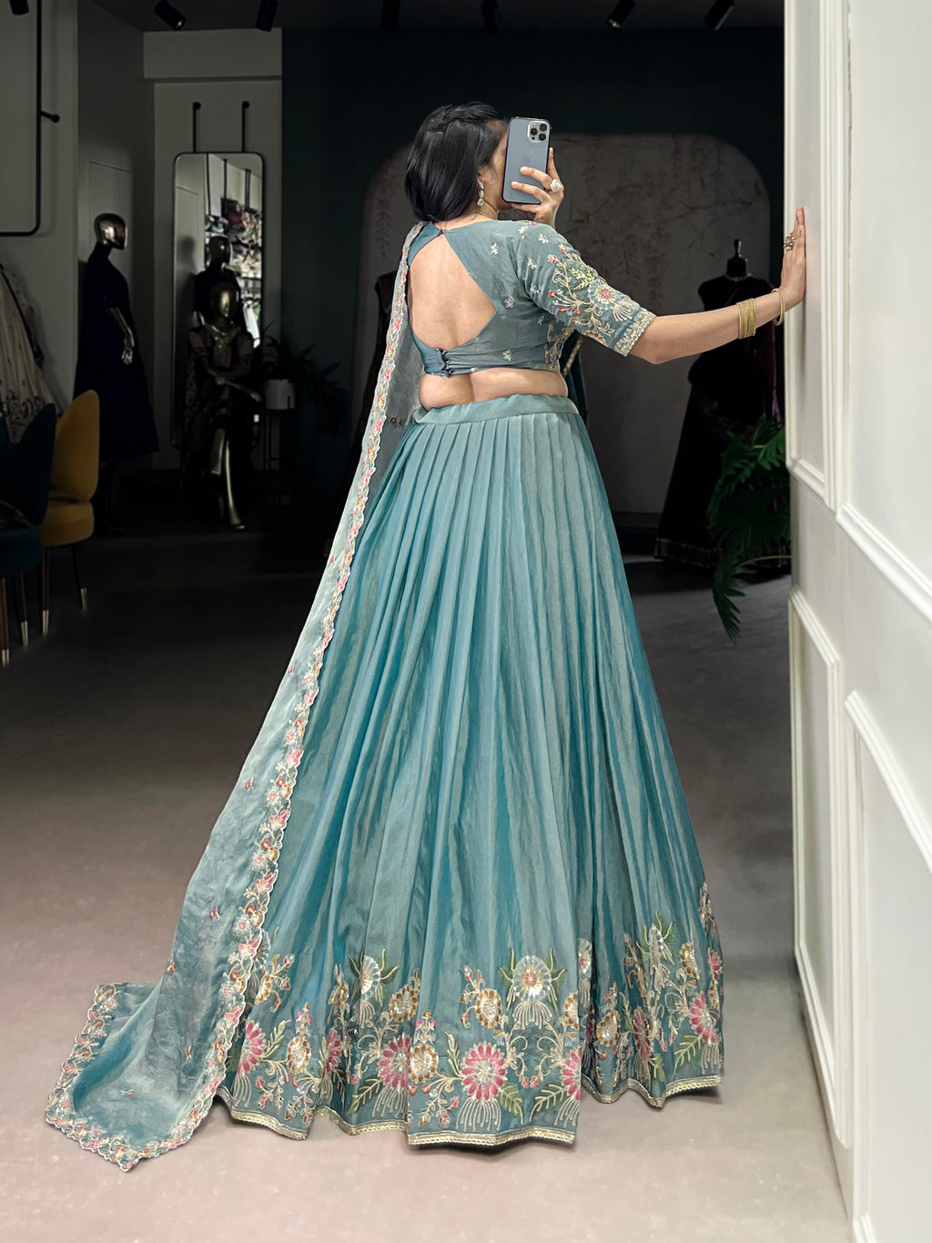 Lorenvalley Fashion Skyblue Zari Shimmer Sequins and Thread Embroidery Work Lehenga Choli with Dupatta - Distacart