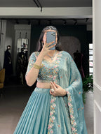 Lorenvalley Fashion Skyblue Zari Shimmer Sequins and Thread Embroidery Work Lehenga Choli with Dupatta - Distacart